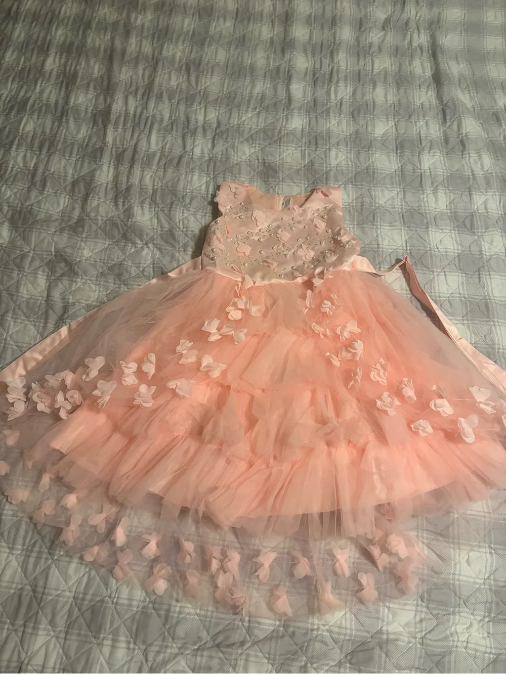 Peach Floral Appliqué Tulle Dress for Girls